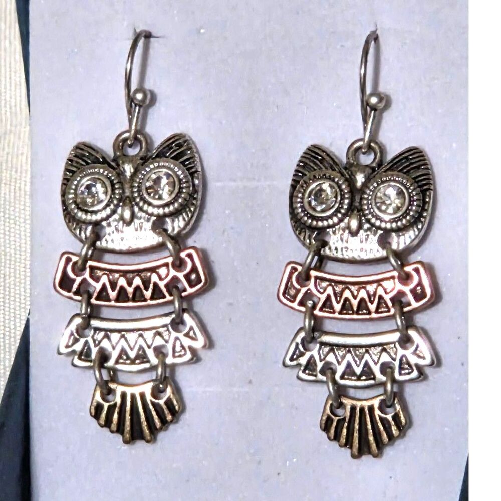 Vintage Articulated Owl Dangle Earrings Mixed Metal Steampunk Rhinestone